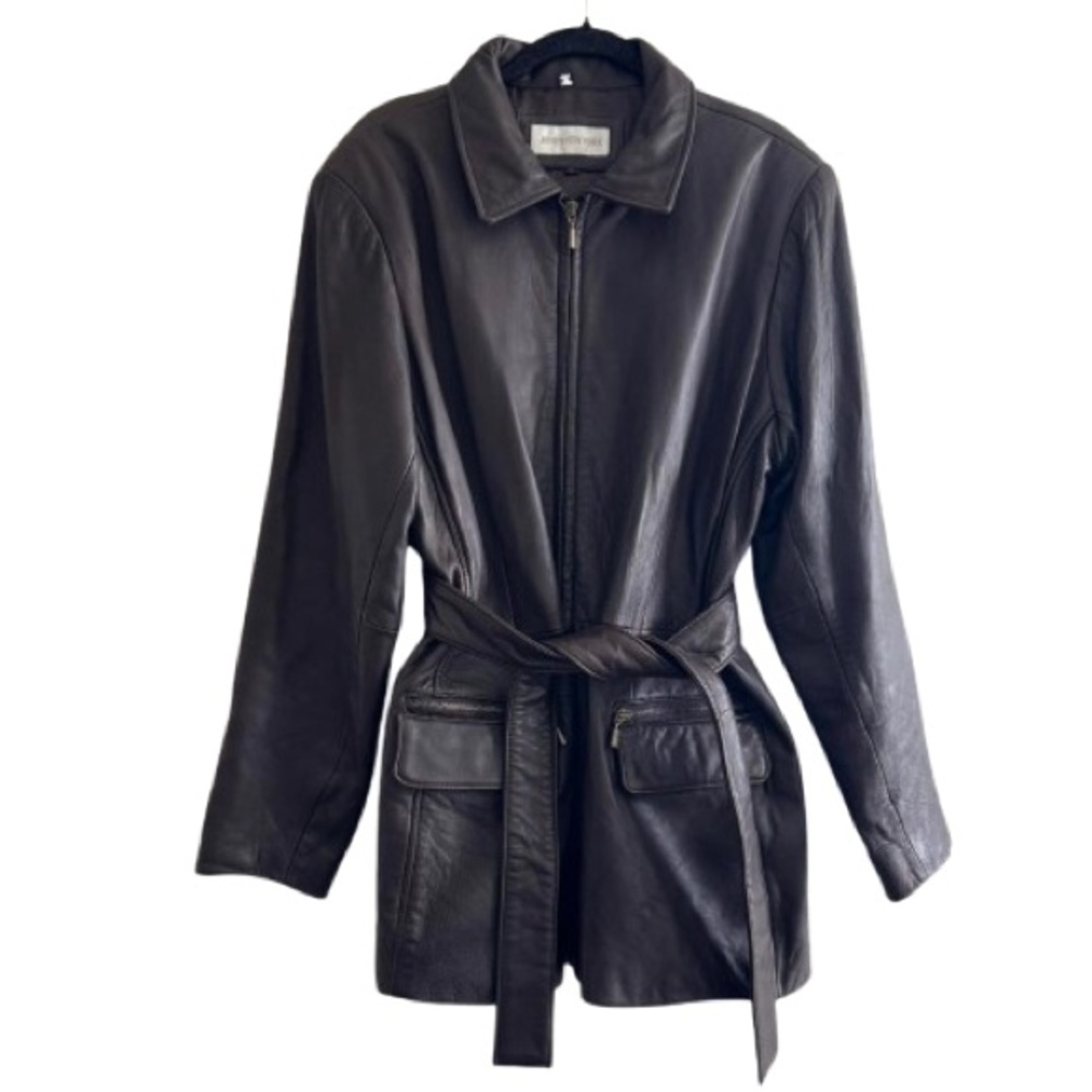 Jones New York Leather Jacket Longline Belted Brown Downtown Girl Fall Winter
